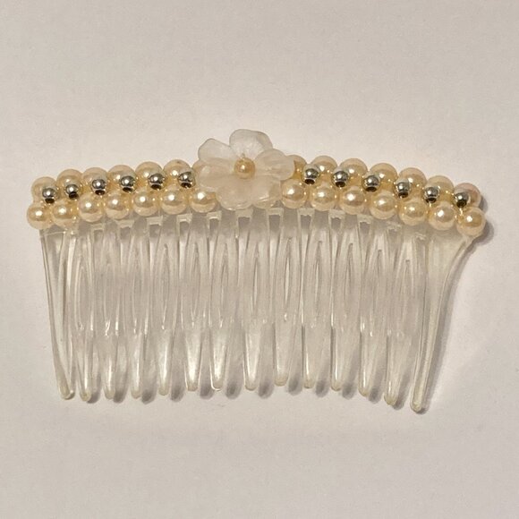 Vintage Cream White Pearl Beaded Flower Side Hair Comb 80s 90s Bridal Communion - Picture 4 of 11